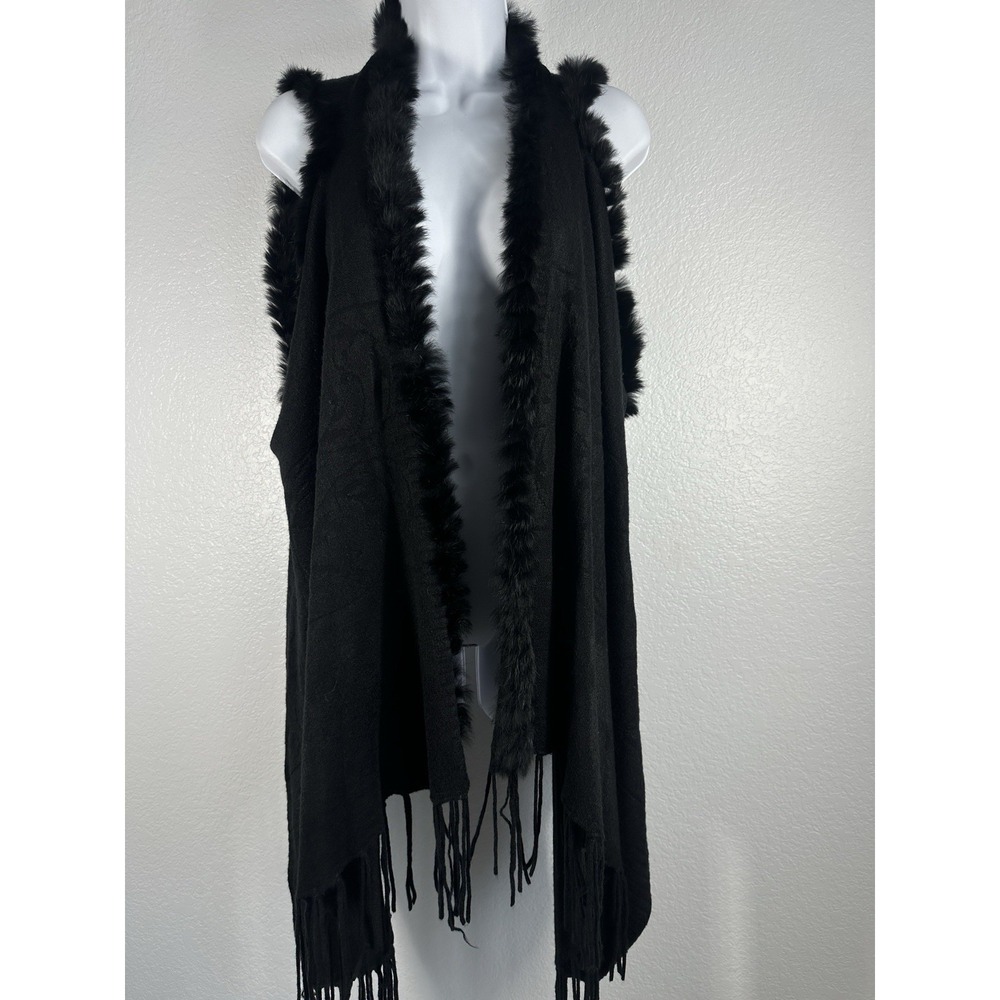 Women's Black Swing Vest With Real Rabbit Fur Trim by Luii, Size XL